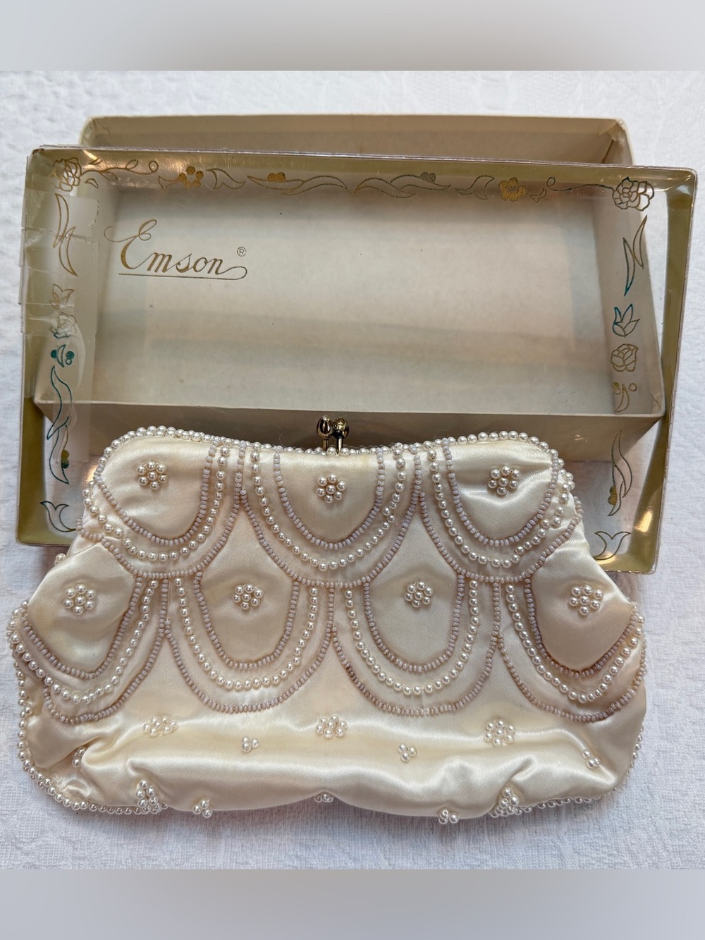 Vintage Emson White Satin Seed Pearl Evening Clutch Purse NOS Box Handmade Japan